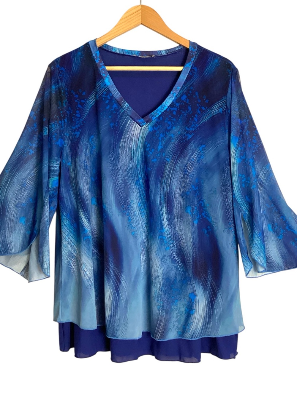 Timeson XXL Blue Abstract Layered Mesh Tunic Blouse Bell Sleeve V Neck